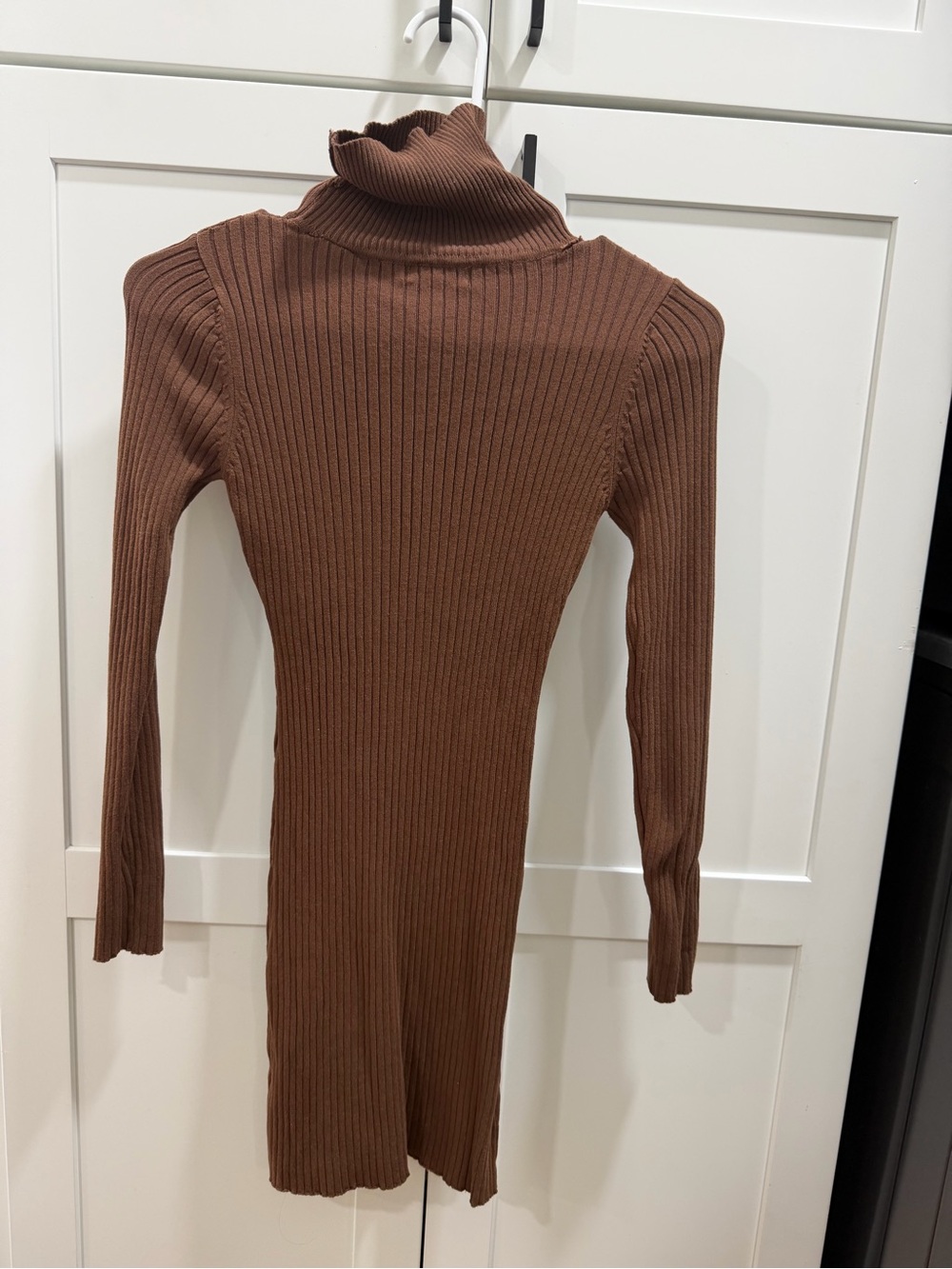 Better Be Ribbed Turtleneck Long Sleeve Dress in Brown